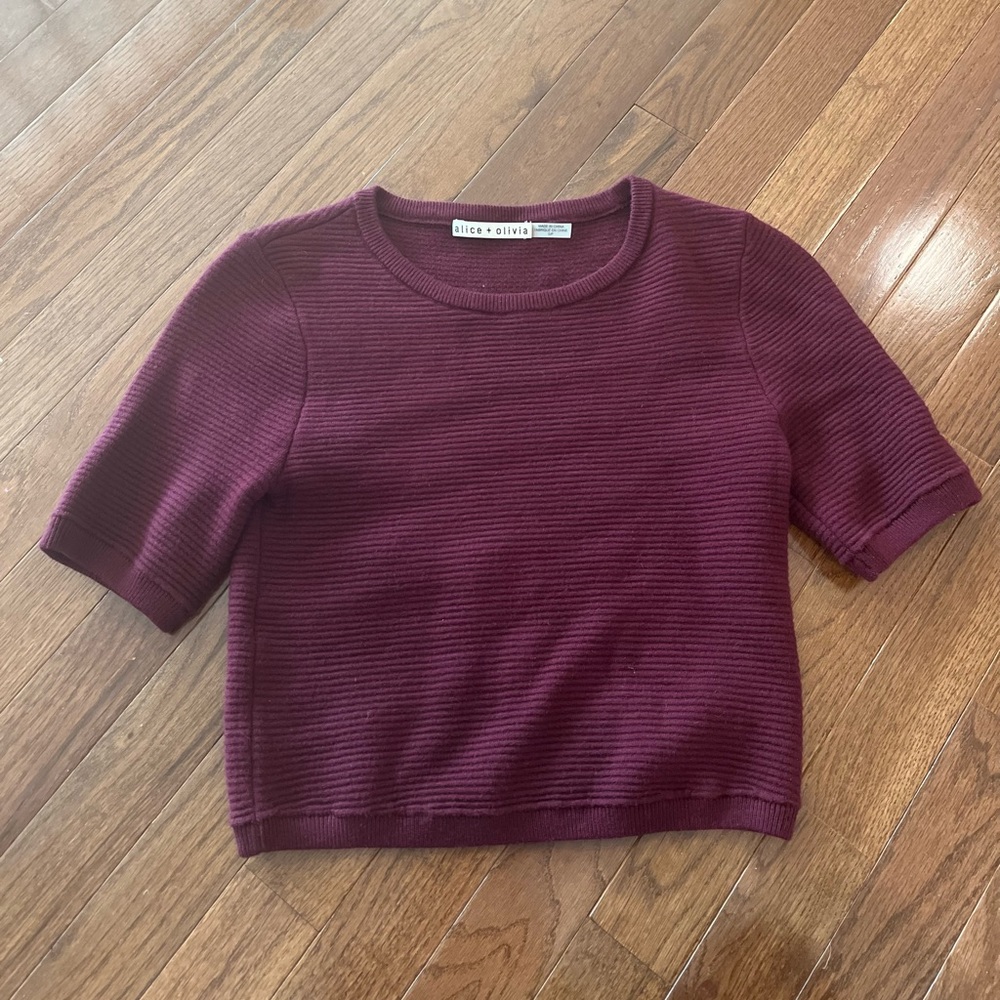 Alice + Olivia Short Sleeve Ribbed Sweater in Burgundy